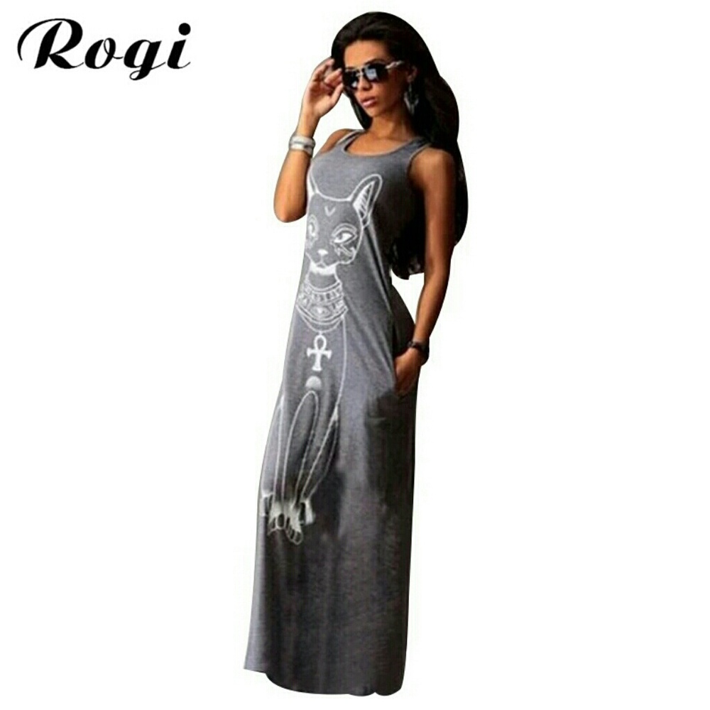 Long cat print maxi dress with pockets