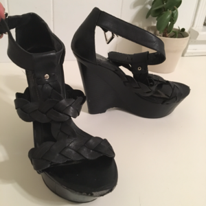 BCBG Black Leather Wedges