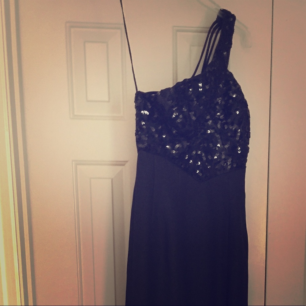 Asymmetrical black evening gown