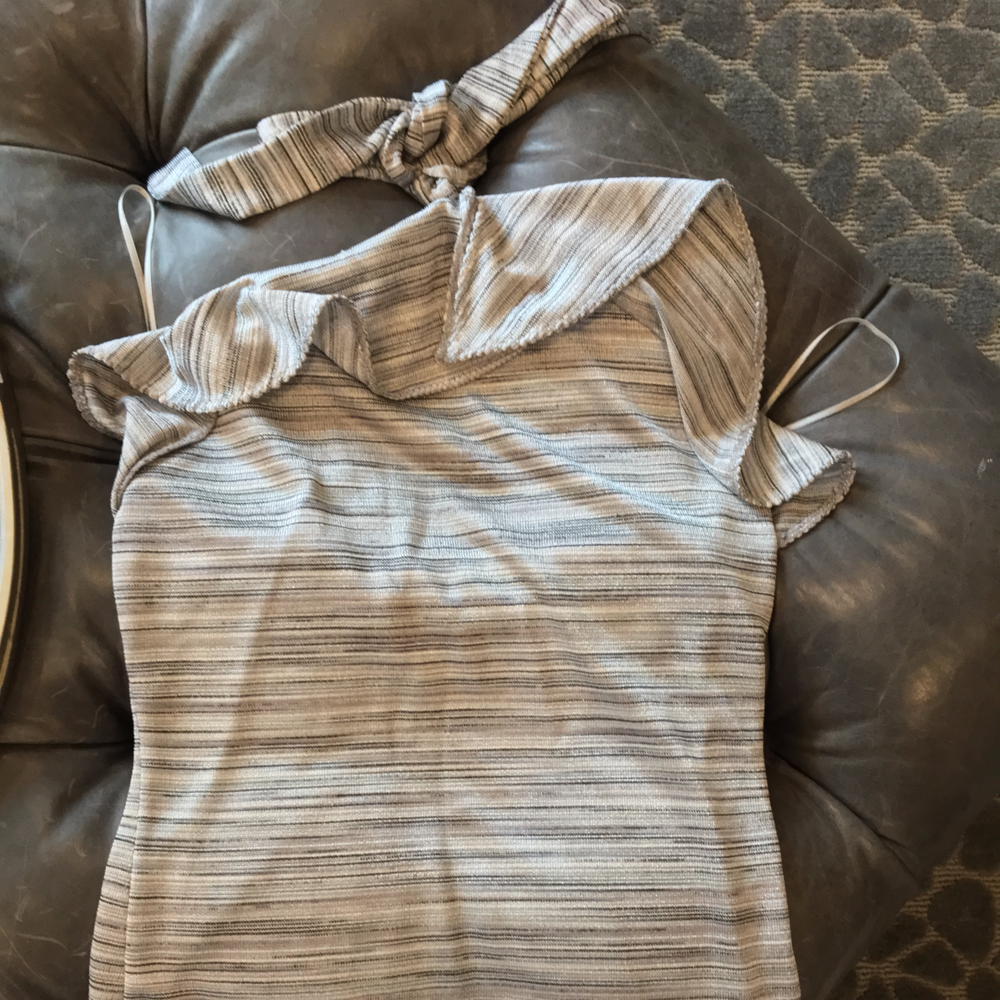 One shoulder silver & black striped ruffled blouse