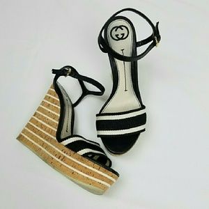 GUCCI Rare Black and White Canvas Cork Wedge Heels