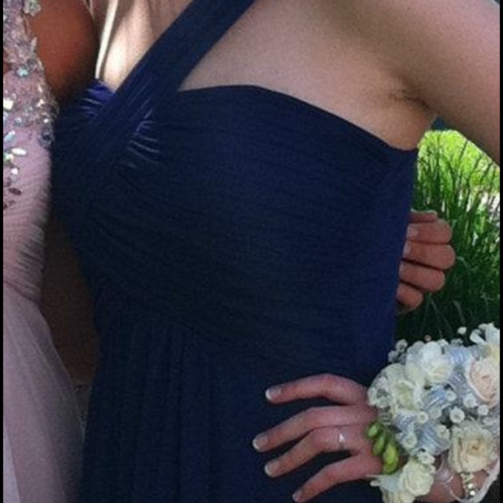 Navy blue pleated prom gown