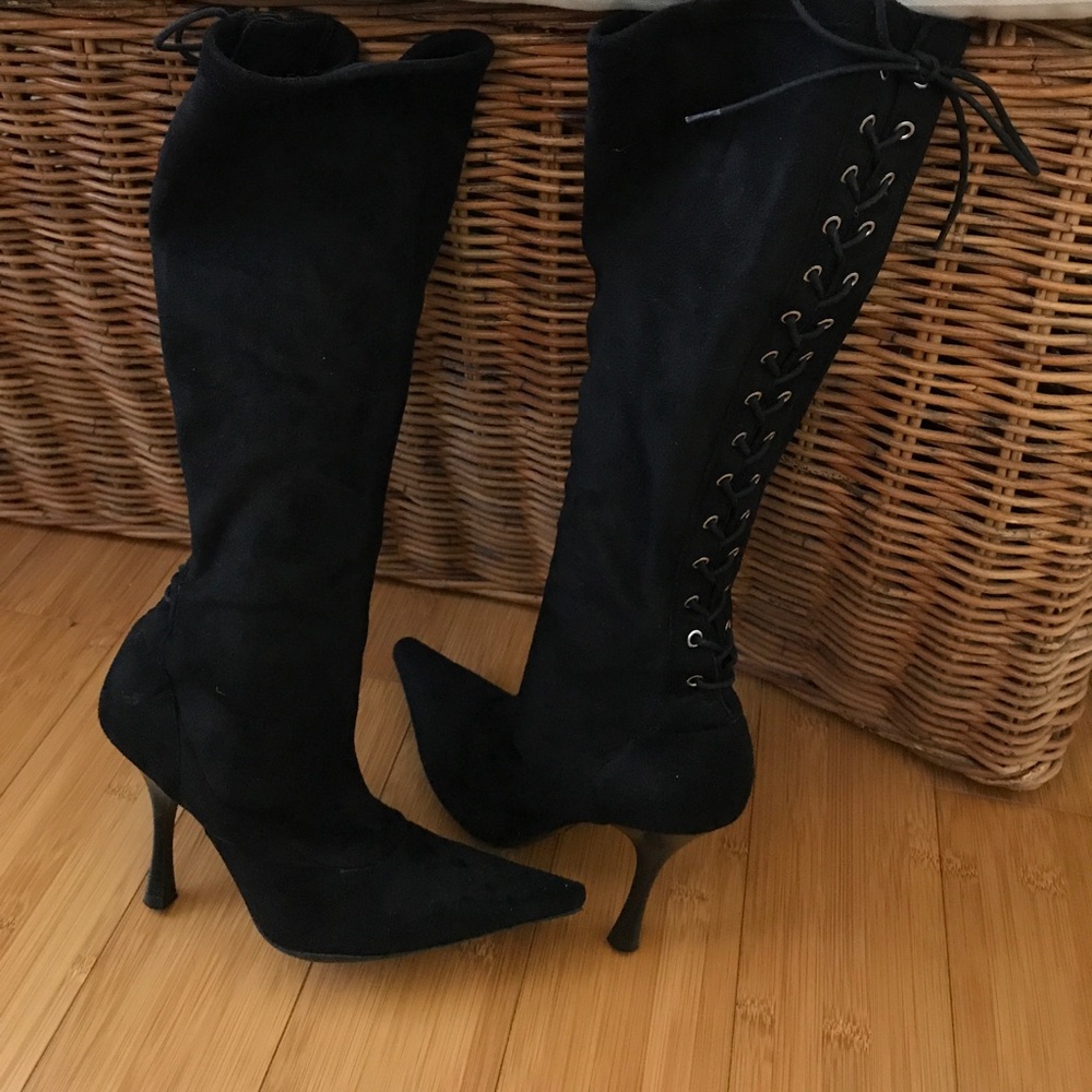 BCBG Lace Up Black Suede knee high boots