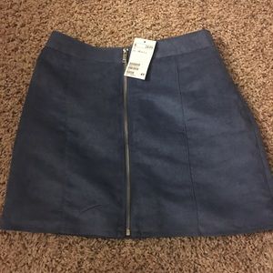 A line blue suede zipper skirt