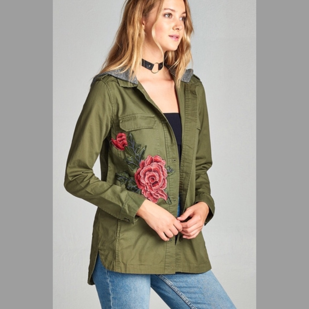 LAST /Army Green Utility Hoodie Jacket with Flower - Picture 5 of 6