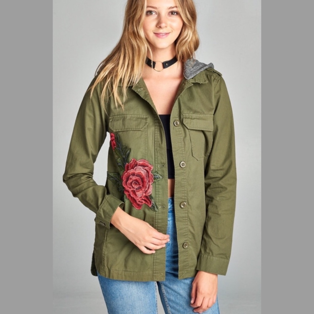 LAST /Army Green Utility Hoodie Jacket with Flower - Picture 4 of 6