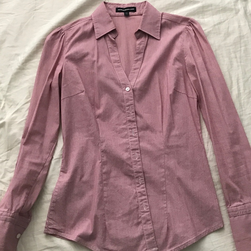 Express long sleeve v neck collared blouse