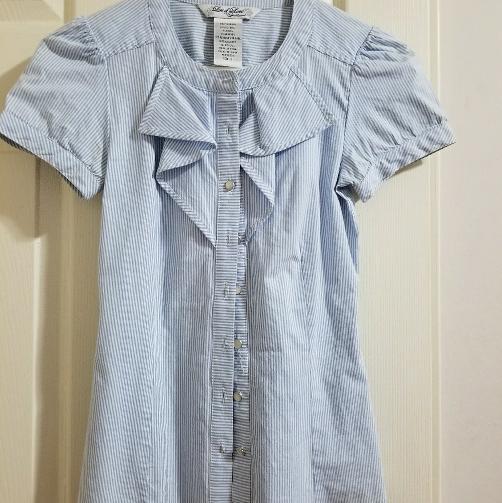 Striped blue/white ruffled blouse.