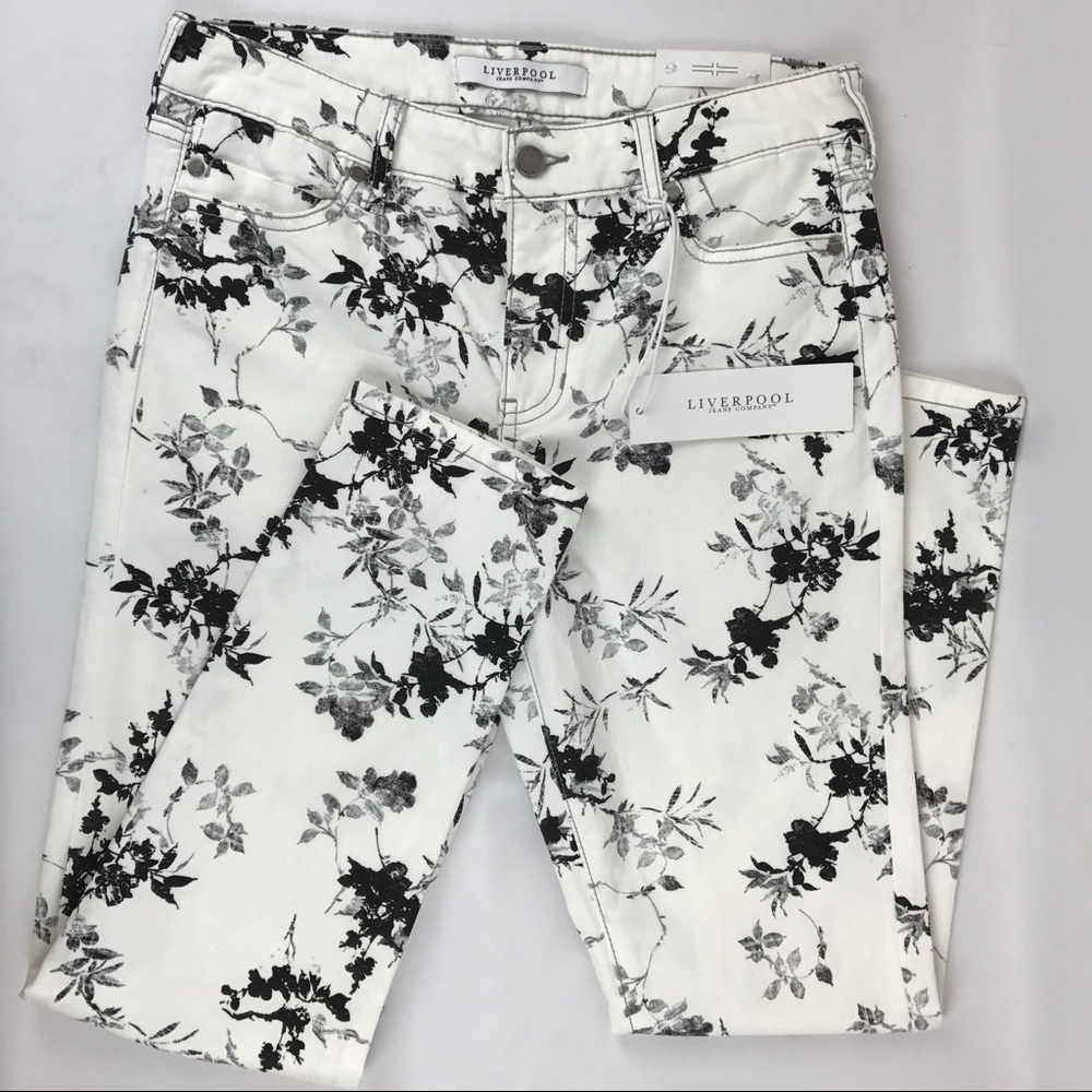 Liverpool Skinny White & Black Floral Print Denim