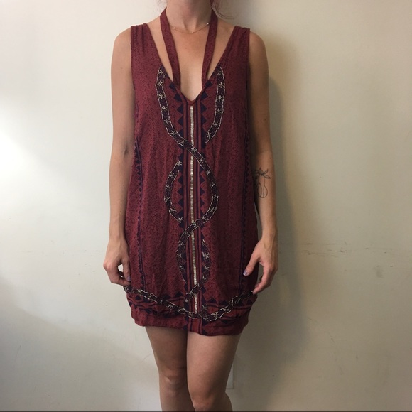 Free People Dresses & Skirts - Free People Red Beaded Neck Tie Shift Dress
