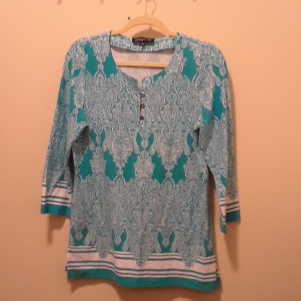 Jones New York Teal & Toile Long-Sleeve Tunic