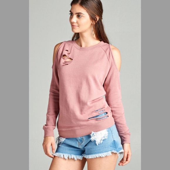 Grey Cold Shoulder Distressed Sweatshirt - Picture 8 of 8