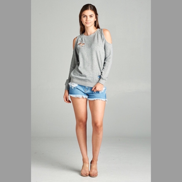 Grey Cold Shoulder Distressed Sweatshirt - Picture 5 of 8