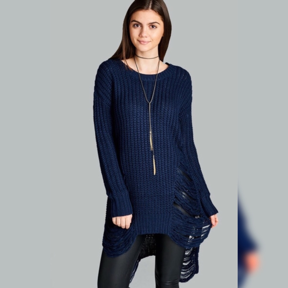 LAST! Navy Knit Frayed Long Tunic Sweater - Picture 2 of 5