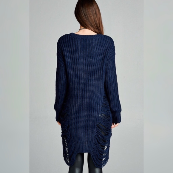 LAST! Navy Knit Frayed Long Tunic Sweater - Picture 3 of 5