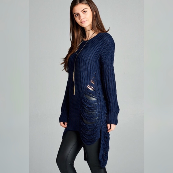 LAST! Navy Knit Frayed Long Tunic Sweater - Picture 4 of 5