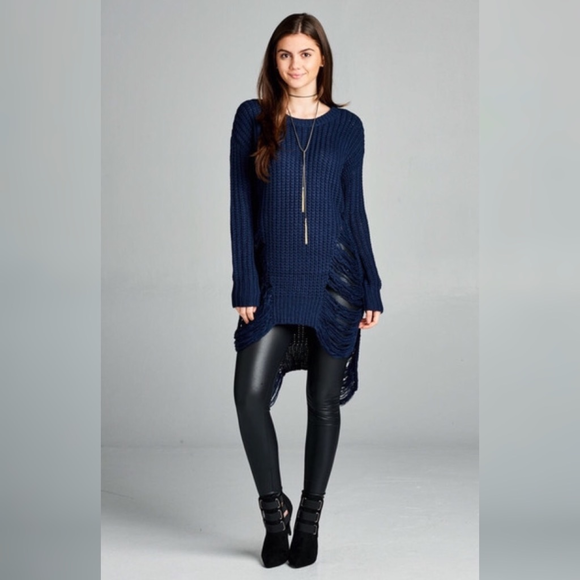 LAST! Navy Knit Frayed Long Tunic Sweater - Picture 5 of 5