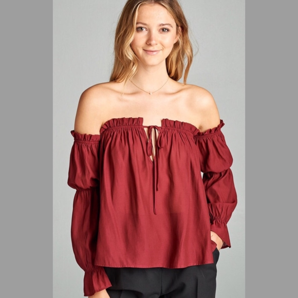 Burgundy Off Shoulder Ruffled Hem Self Tie Front - Picture 2 of 2