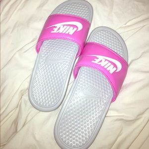 Pink/White Nike slides