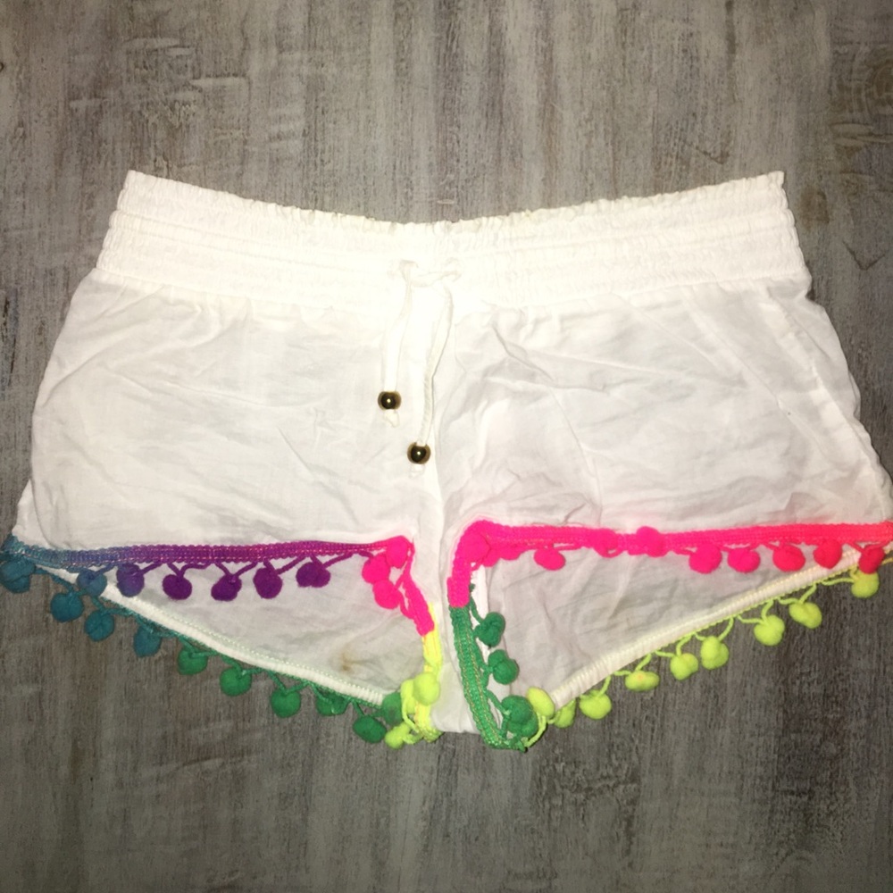 white pom-pom cover up shorts