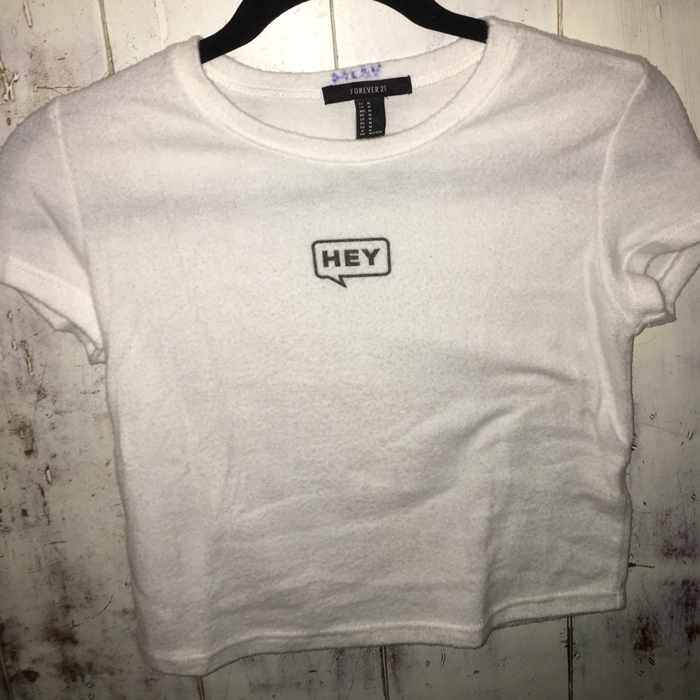 white "hey" graphic tee