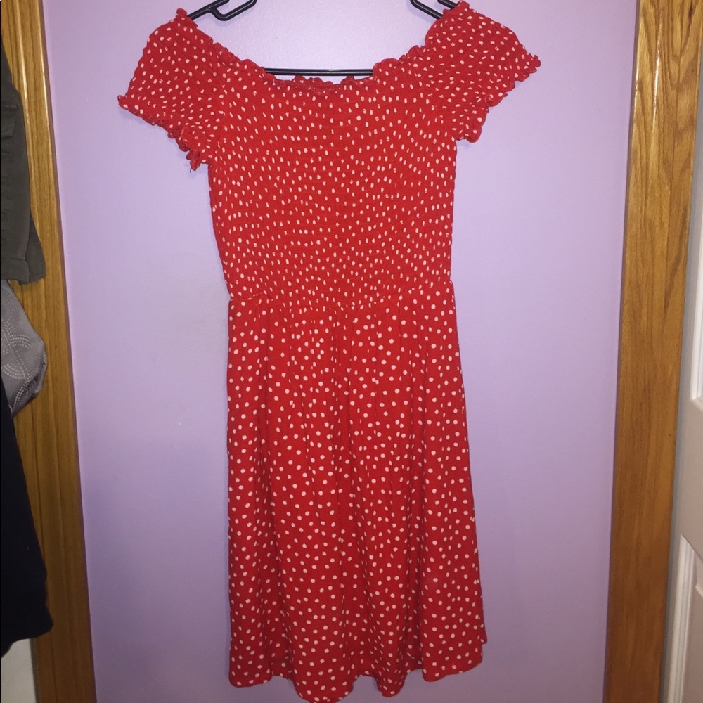 Vintage inspired Red polka dot off shoulder dress