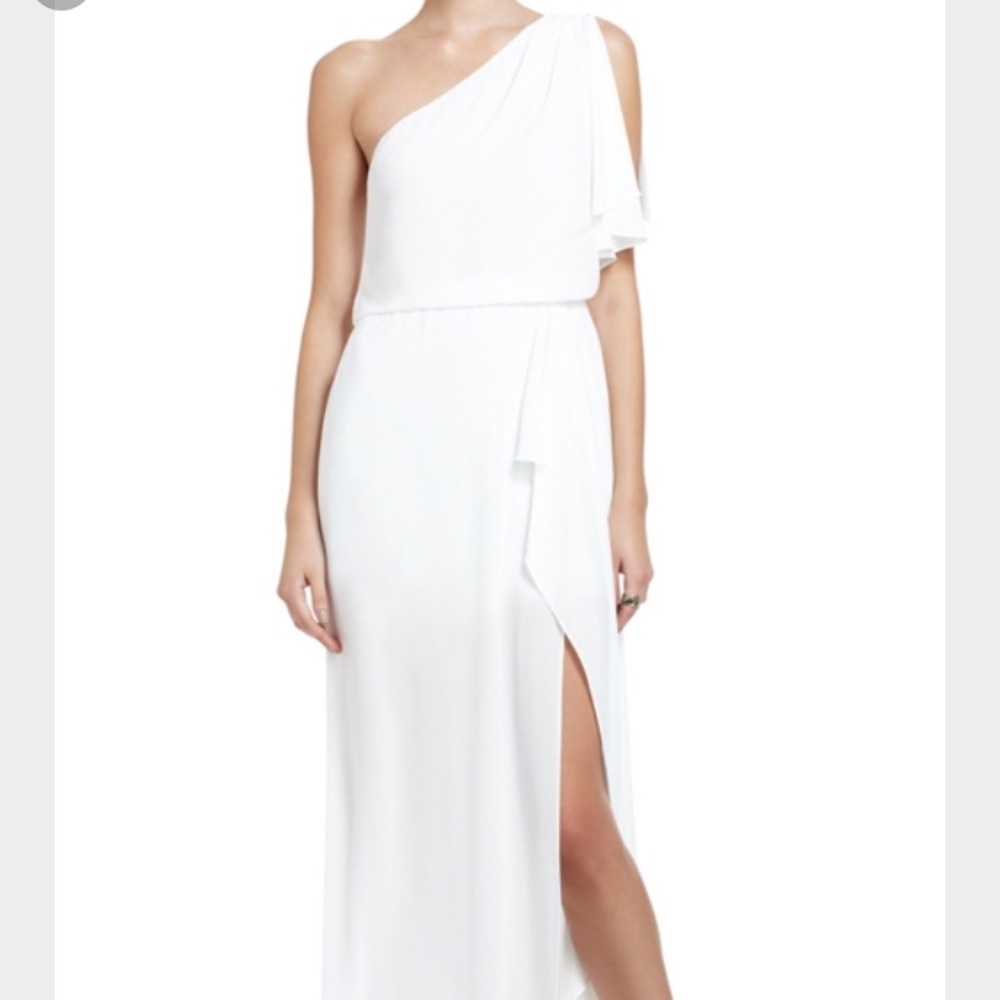 BCBG White One shoulder .. high slit Grecian dress