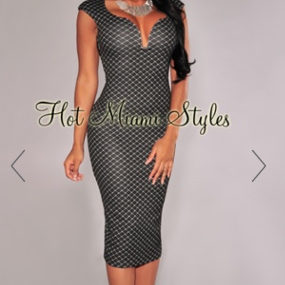 Black Quilted Plunging Neckline Midi Dress