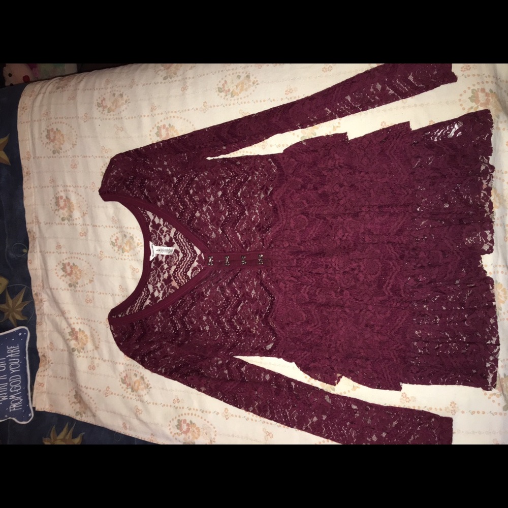 Long sleeve burgundy lace peplum top
