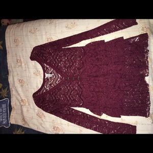 Long sleeve burgundy lace peplum top