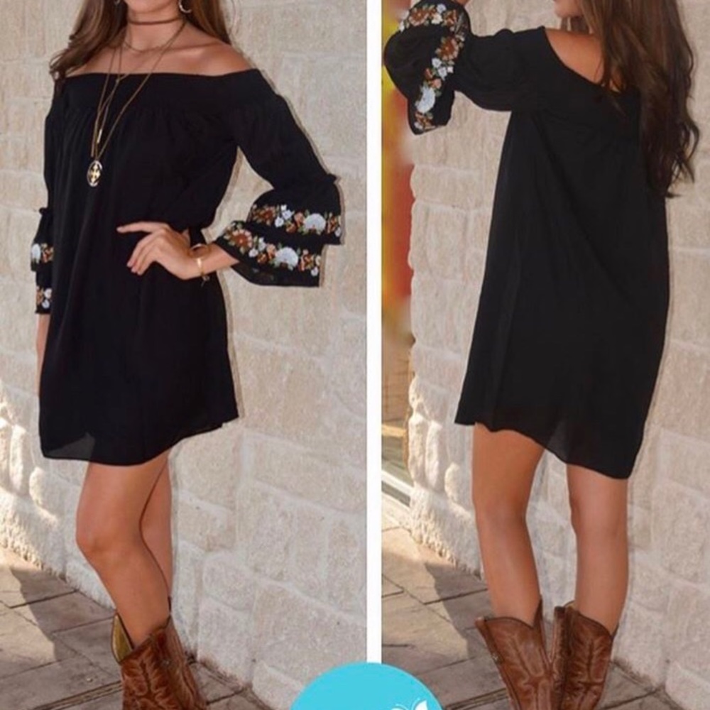 Black off the shoulder embroidered bell sleeves