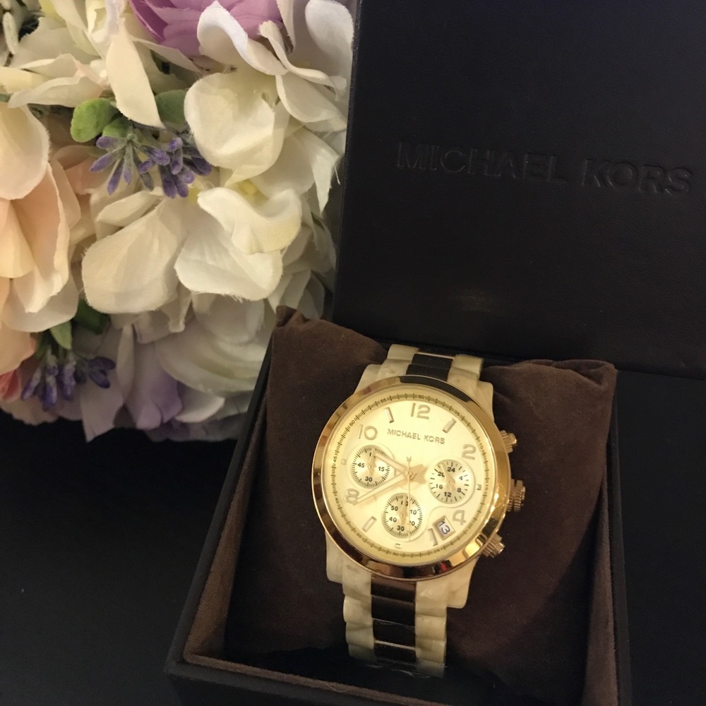 MK GOLD TONE & HORN ACETATE WOMEN'S WATCH