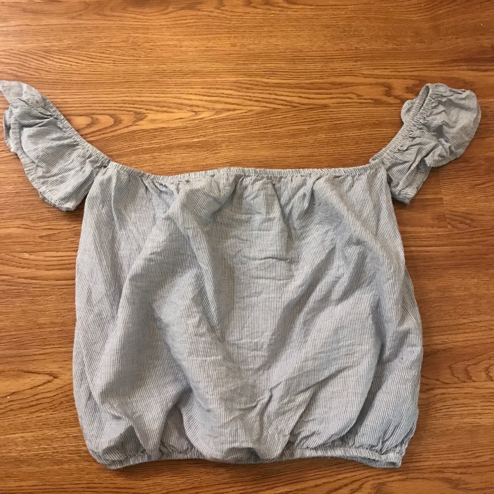 Blue & white striped, off the shoulder, crop top