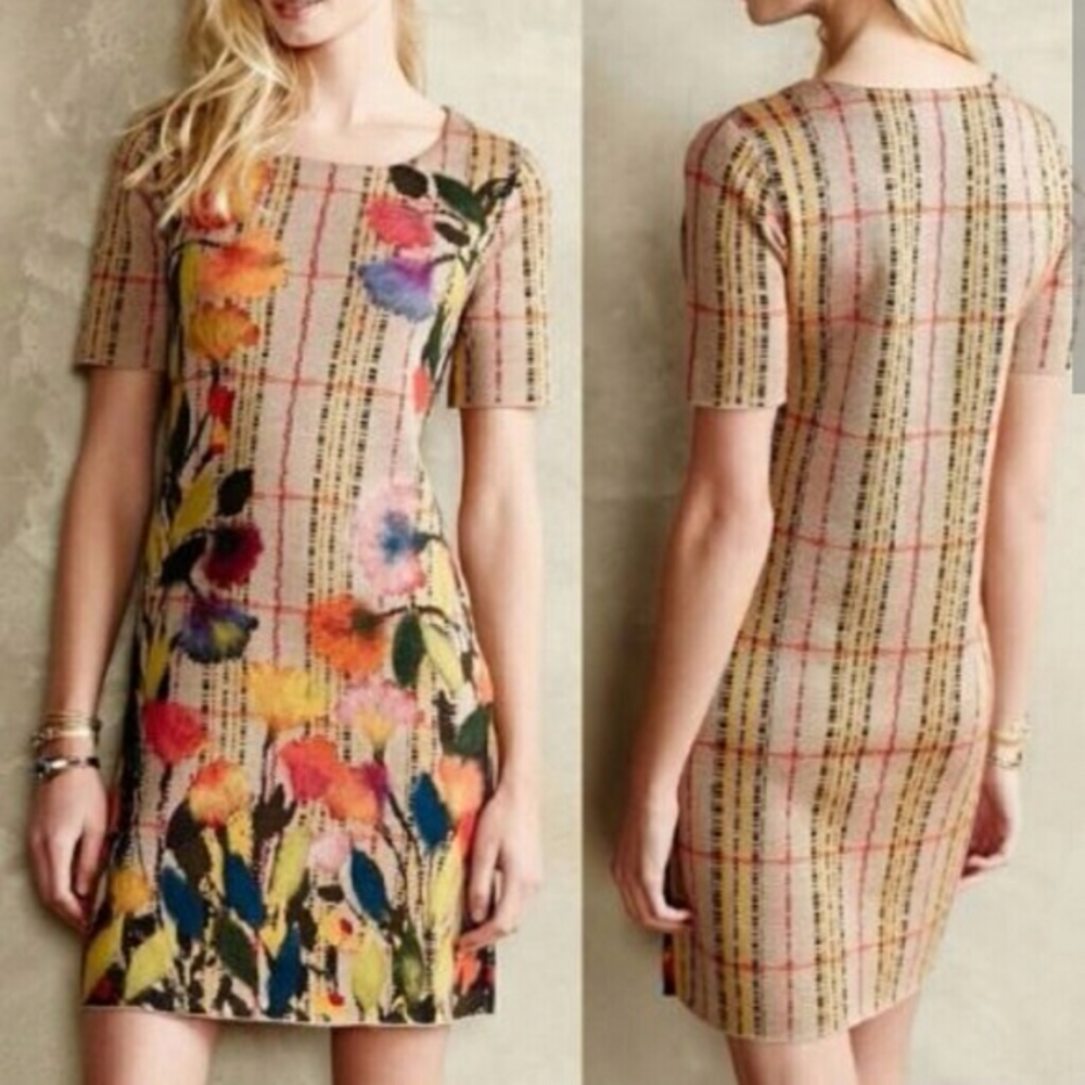 Woolen plaid dress with beautiful felt flowers