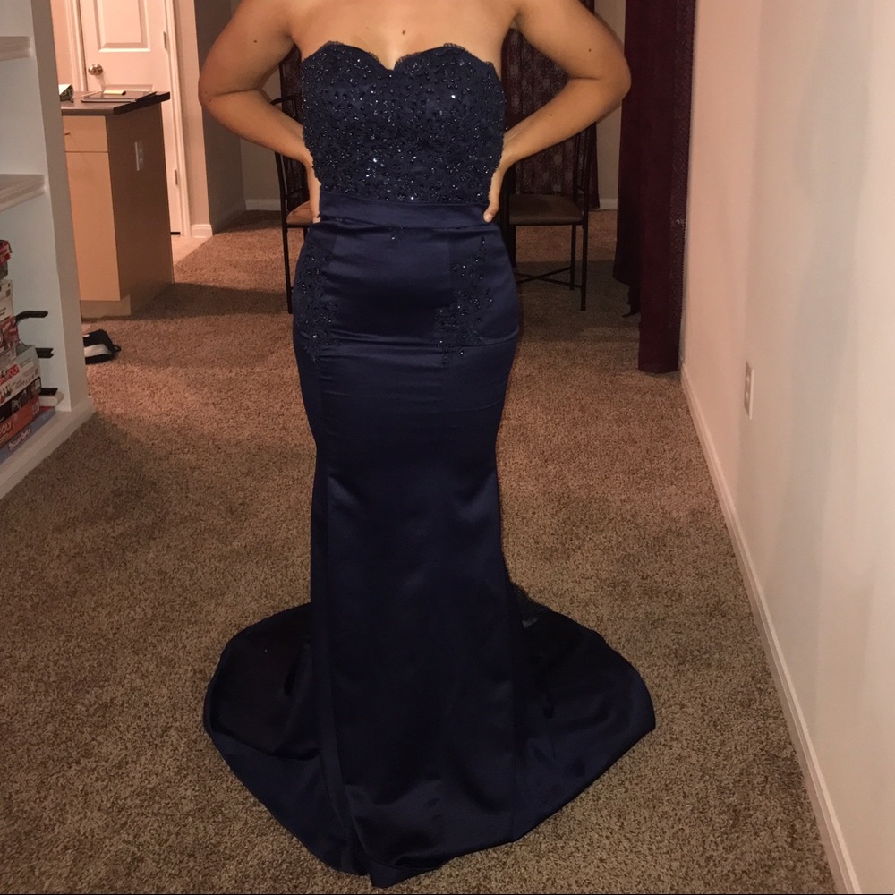 Navy sequin lace prom dress