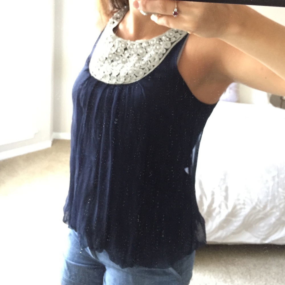 Navy chiffon-like Blouse with silver/pearl top