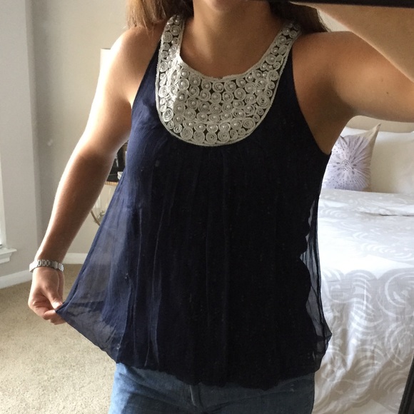 Navy chiffon-like Blouse with silver/pearl top - Picture 2 of 6