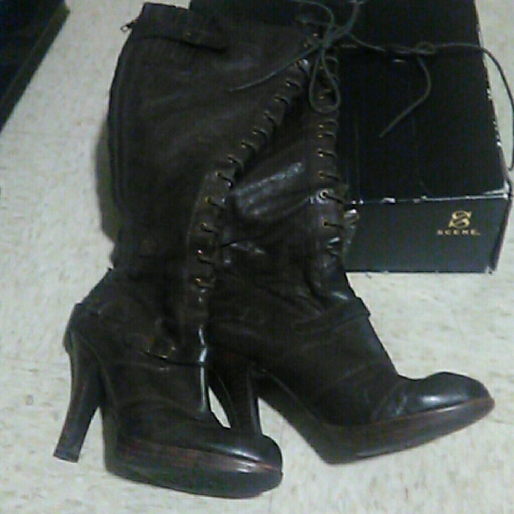 Knee high dark brown leather boots/ 4 inch heel