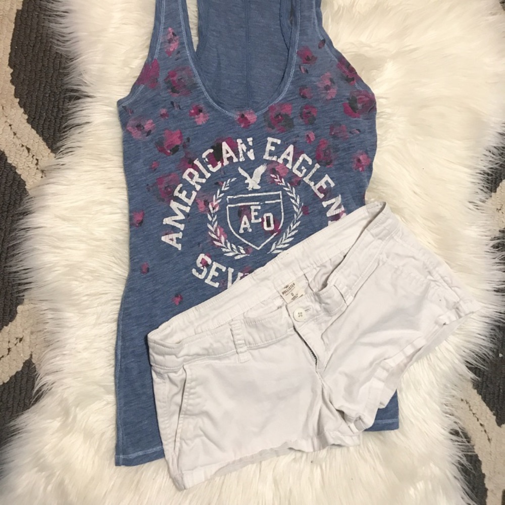 White Hollister Shorts, Blue American Eagle Tank❤️