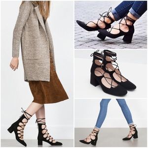 Zara lace up black block heels 38/7.5 EUC