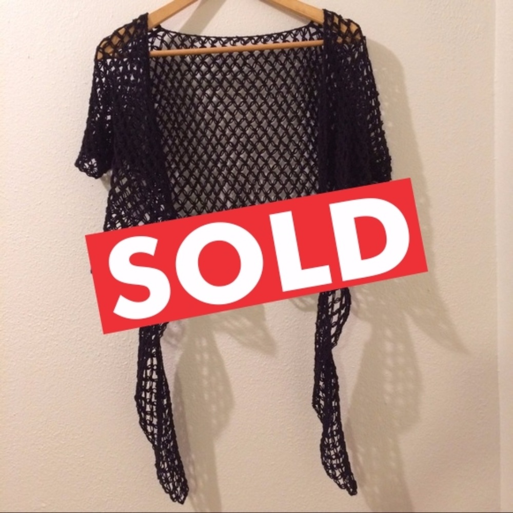 Black Crochet Cropped Short Sleeved Cardigan