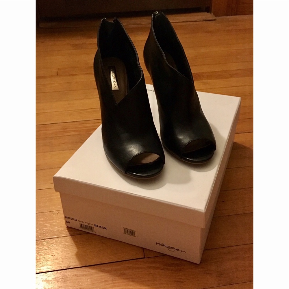 Black high heel open-toed booties