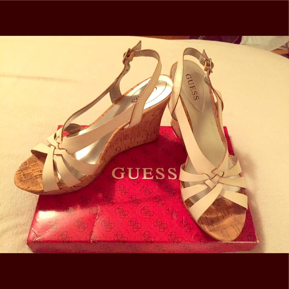 Guess white leather/cork strappy high wedge sandal
