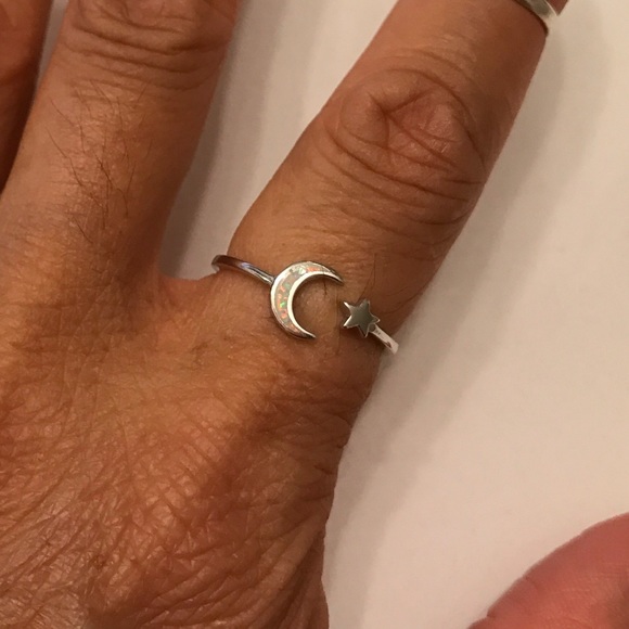 Sterling Silver White Lab Opal Moon and Star Ring, Silver Rings, Celestial Stone - Picture 4 of 5
