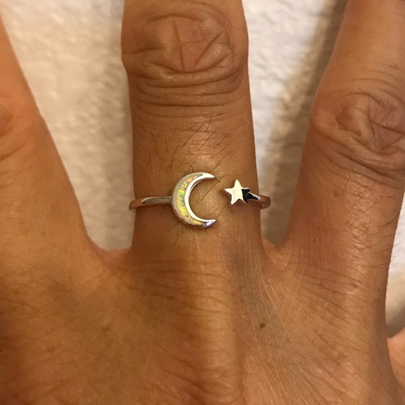 Sterling Silver White Lab Opal Moon and Star Ring, Silver Rings, Celestial Stone - Picture 2 of 5