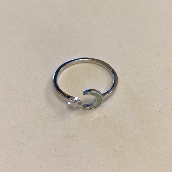 Sterling Silver White Lab Opal Moon and Star Ring, Silver Rings, Celestial Stone - Picture 3 of 5