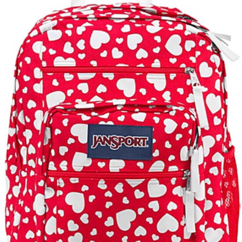 jansports red backpack with white hearts//purple
