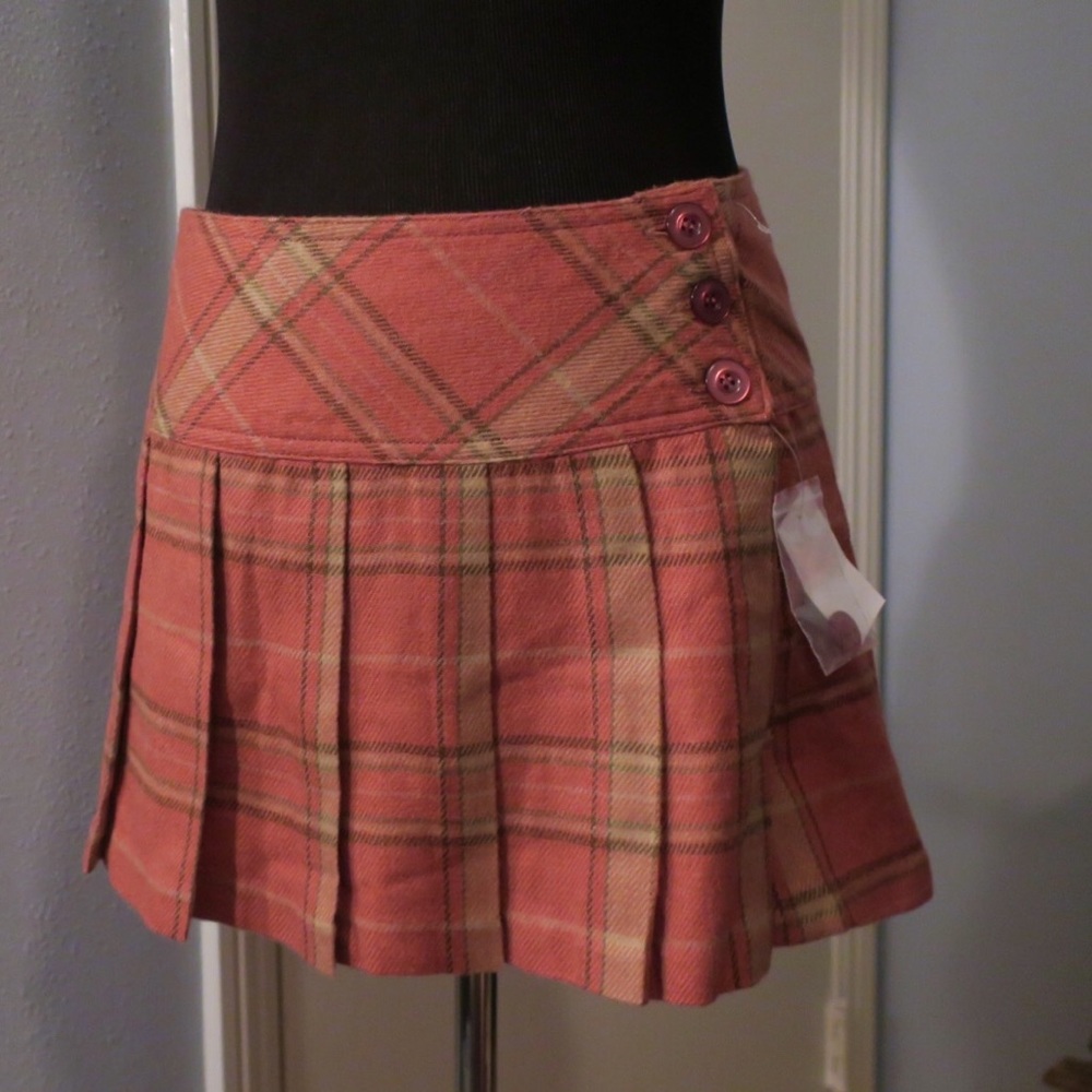 NWT Pink Plaid Pleated Flannel Button Mini Skirt