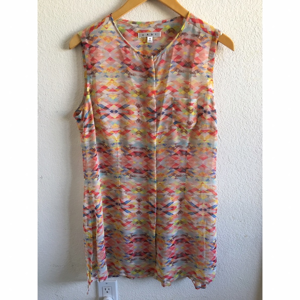 CAbi Geometric Blouse Top High Hi Low Button Up