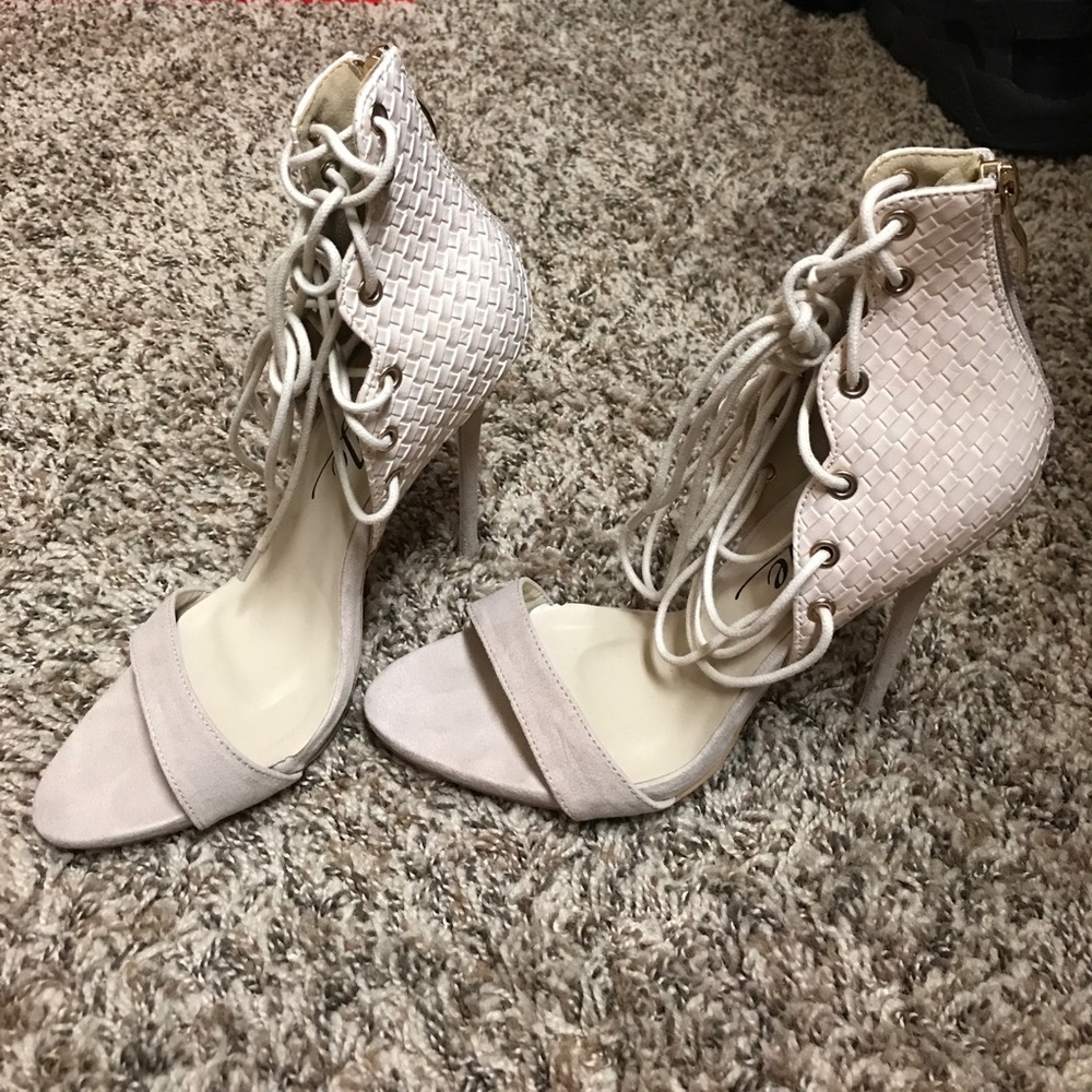 Lolashoetique lace up nude suede heels